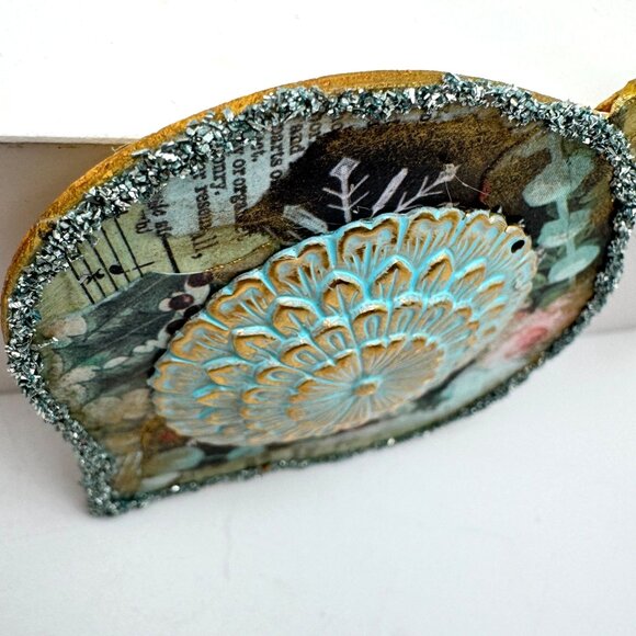 Handcrafted Ornament OOAK Collage Gold Flower & Turquoise Accents 3" Ribbon - Picture 6 of 7